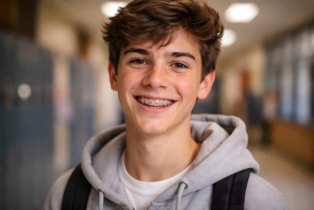 Smiling Teenage Boy with Braces and Acne in School Hallway – Student Portrait